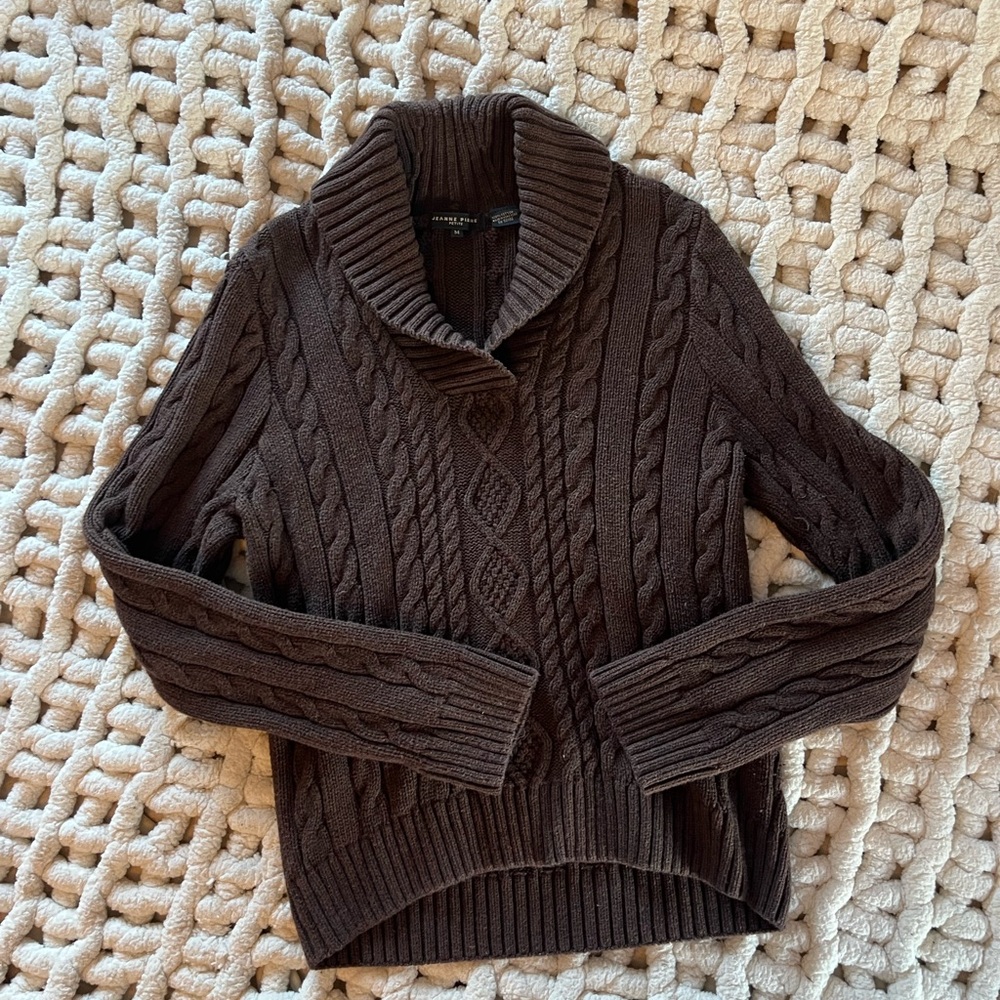 JEANNE PIERRE Chocolate Cable Knit Turtleneck Sweater